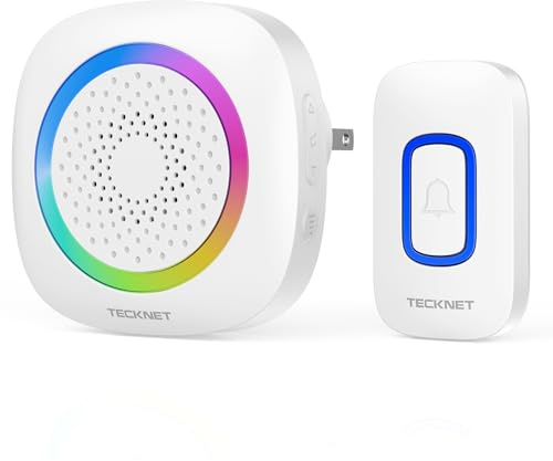 TECKNET Plug in Wireless Doorbell with RGB Lighting & 1300 Feet Range,IP66 Waterproof Door Bell for Home/Classroom/Office/Business,60 Chimes,5-Level Volume,4.5-Year Battery Life(White)