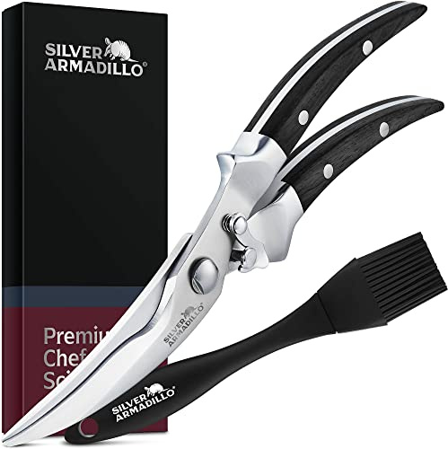 Silver Armadillo Heavy Duty Poultry Shears - Professional Stainless Steel Kitchen Scissors for Bone, Chicken, Meat, Fish & Vegetables - Spring Loaded (Black Wood Handles)