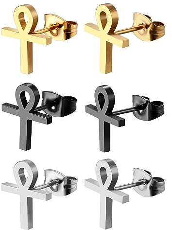 Flongo Unisex Ankh kors stiftörhängen, örhängen i rostfritt stål för kvinnor män, punk hiphop minimalistiska piercade örhängen (3 par set, guld svart silver)