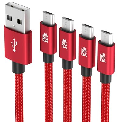 JAMEGA – Premium Micro USB Kabel | [4 Pack 0,5M 1M 2M 3M] Nylon geflochtenes USB Ladekabel Datenkabel für Micro USB Geräte | robuster Stecker kein Kabelbruch – Rot