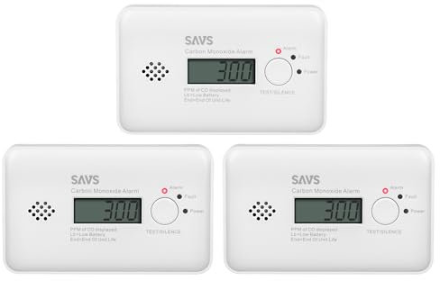 SAVS C10 CO Melder - Kohlenmonoxid Melder & Alarm-Monitor für Heim & Büro - Integrierte CO Melder 10 Jahre Batterie - Moderne Sensortechnologie - LCD-Display - Wandmontage oder Aufstellung – 3er Set