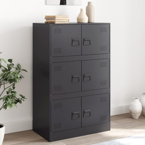 Büroschrank Aktenschrank mit 6 Türen, Metallschrank Mehrzweckschrank Industrial Stil Aufbewahrungsschrank Stahl Beistellschrank für Eingang Wohnzimmer, Schwarz 67x39x107 cm