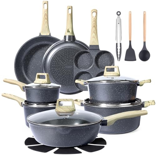 GiPP 22PCS Pots and Pans Set with Granite Non-Stick Coating,Induction Frying Pans Set, Kitchen Cookware Set, Non-Toxic Cooking Pan & Pot Sets for All Hob Types(Grey,22PCS)