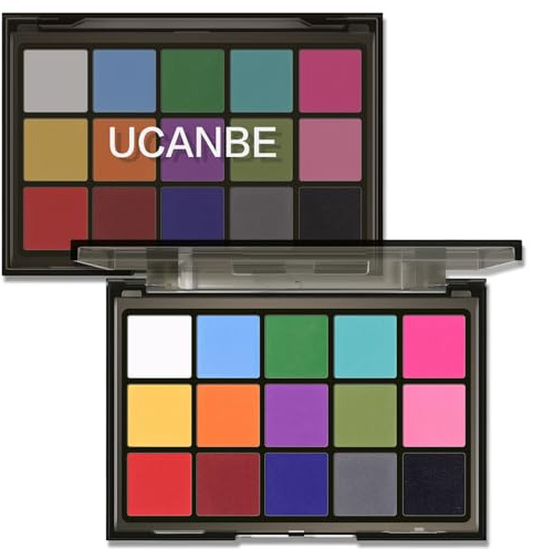 UCANBE Halloween Makeup Palette, 15 Colors Matte Black White Red Blue Green Purple Pink Eye Shadow, High Pigmented Blendable Bright & Dark Shade Pallet for Cosplay SFX Costume Stage Parties