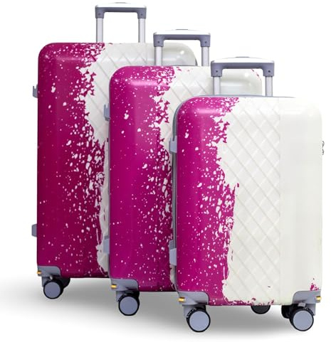 CBA Valise rigide ABS et polycarbonate avec roulettes pivotantes à 360°, roue de secours d'urgence, porte-gobelet (petite uniquement), poignée télescopique - rose et blanc, Rose vif et blanc, set of 3