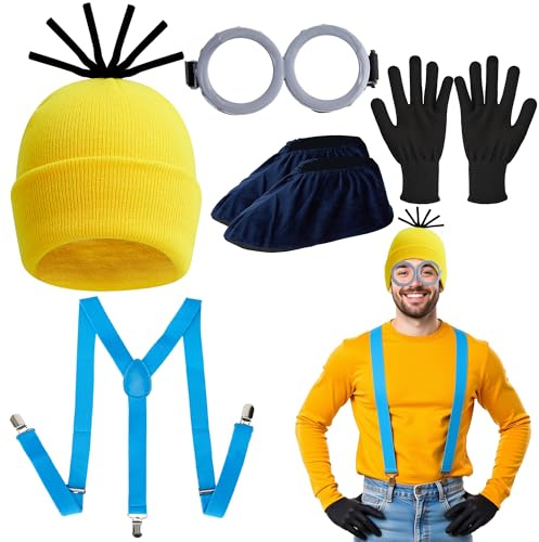 Rilcn Cosplay Costume Accessory Set for Adults, 6-Piece Fancy Dress with Yellow Beanie, Black Gloves, Goggles, Blue Strap, Shoe Covers for Halloween, Cosplay, World Book Day