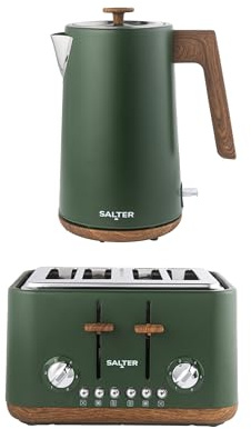 Salter Toronto Green Toaster & Kettle Set – 4-Slice 1630W Toaster with 6 Browning Levels & Wide Slots, 1.7L 3000W Rapid Boil Kettle with Limescale Filter, Auto Shut-Off & Wooden Accents | 6 Browning Levels, Wide Slots, Defrost/Reheat/Cancel, High Lift Eject, Removable Crumb Tray, 360 Base, Auto Shut Off