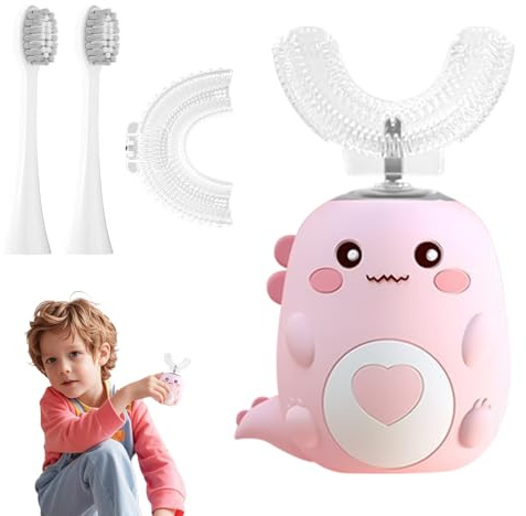 Hojalis Brosse à Dents électrique En Forme De U Pour Enfants,Brosse à Dents 360°Pour Enfants,étanche Ipx7Forme De U Brosse à Dent électrique ENfants,BRosse à Dents En FOrme De Dinosaure Pour6-12