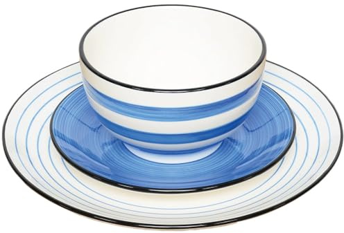 wilko 12 Piece Dinner Set, Blue, Handpainted Spinwash, Stoneware, Coupe Shape, Dishwasher and Microwave Safe, Everyday and Special Occasions