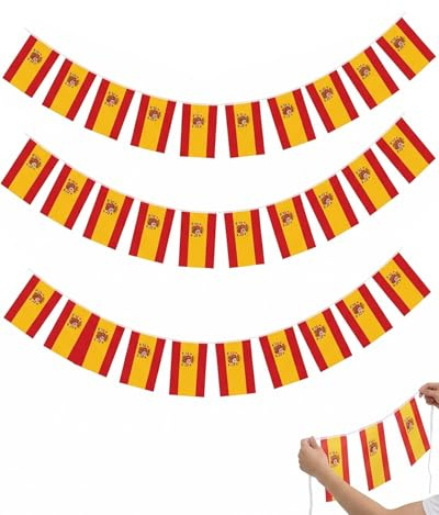 TISCH Striscione Bandiera Spagna, 30 Bandierine 14x21cm, 10 Metri – Ghirlanda Robusta per Mondiali, Europei, Feste e Decorazione Giardino