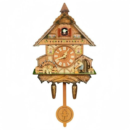 Kuckucksklocka med fungerande fågel, modern träklockform, klockslag 7-21 volymkontrollknapp, automatisk gungande pendeldekor, batteri ingår ej CL008