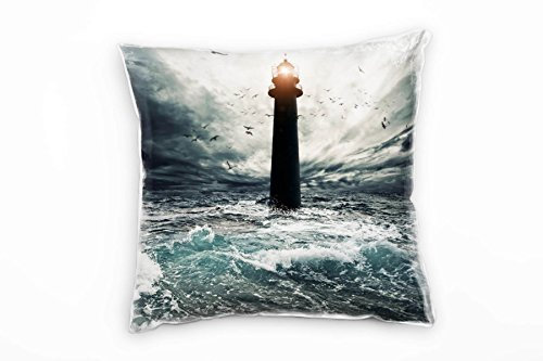 Paul Sinus Art Meer, blau, grau, Leuchtturm im Sturm Deko Kissen 40x40cm für Couch Sofa Lounge Zierkissen - Dekoration zum Wohlfühlen