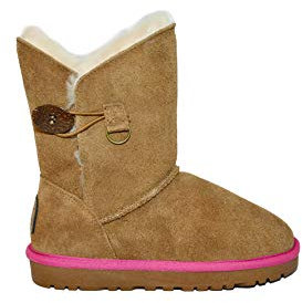 Reissner Lammfelle | Engel Stiefel LARA | Halbhohe warme Winterboots | Wildleder | Innenfutter echtes Merino Lammfell | mit pinker Einfassung | hellbraun 39