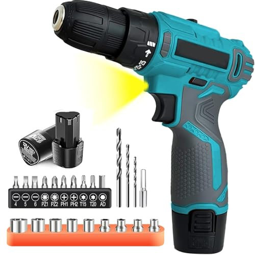 TEETOK Cordless Drill Driver 12V, Cordless Hammer Drill with Batteries 3000mAh, 25 Torque, 45N.m Max Electric Drill, 17PCS Drill Bits, 2 Speed, LED Light for Home and Garden DIY Project