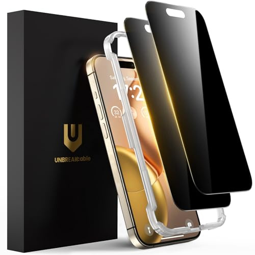 UNBREAKcable Panzer Sichtschutz Glas für iPhone 15 Pro, Vollständige Display Panzer folie Anti-Spionage, Mit Installationsrahmen Full Screen Sichtschutzfolie für Apple 6.1 - 2er Pack