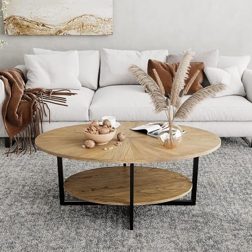 PADMA HOUSE Soffbord ovalt trä med metallben i form av ett kors, 110 cm vardagsrumsbord med förvaringsutrymme Litet modernt soffbord för hem och kontor (Gulbrun)