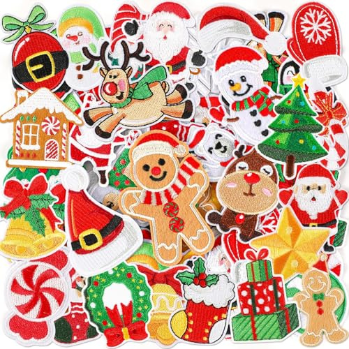 AUGSUN Lot de 60 écussons de Noël brodés à coudre ou à repasser de styles aléatoires pour réparation de Père Noël, arbre de Noël, couronne, bonhomme de neige, élan, ange, renne, sucre d'orge, loisirs