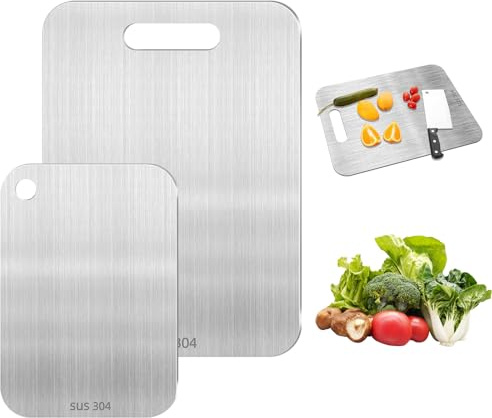 Piuluvor® 2 Piezas Juego de Tablas de Cortar de Titanio, Tabla de Cortar de Titanio de Acero Inoxidable 304, Tabla de Cortar de Doble Cara de Grado Alimenticio para Carne, Verduras y Frutas