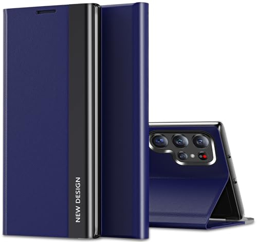 Handyhülle für Samsung Galaxy S23 Ultra Hülle S-View Flip Case Luxus Galvanisierungs Extra Dünn S23 Ultra Handytasch Case Sichtfenster Stoßfest Schutzhülle für Samsung Galaxy S23 Ultra 5G (Blau)
