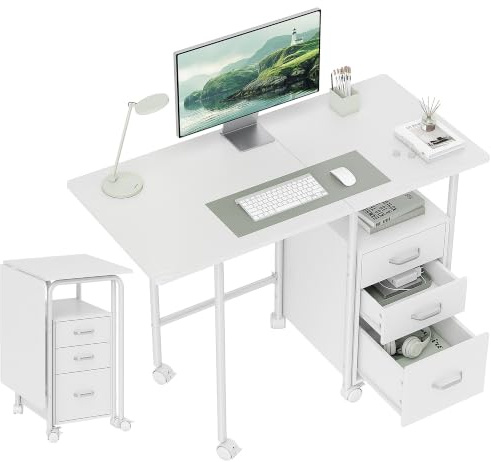 HOMCOM Klapptisch auf Rollen mit 3 Schubladen 105x51x75,5 cm Weiß | Computertisch, ausziehbare Tischplatte, Stahlrahmen, für Telearbeit, Schlafzimmer, Arbeitszimmer, moderner Stil.