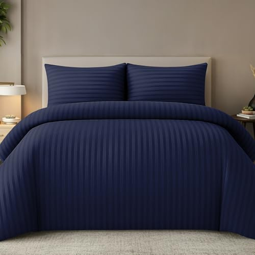 Pamposh Satin-Streifen-Bettwäsche-Set, Premium-Hotelqualität, hypoallergen, ultraweiche Mikrofaser (Navy, (1 x 220 x 200 cm) + (2 x Kissenbezug 80 x 80 cm))