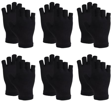 BBXWANG 6 Pairs Fingerless Gloves for Men Women, Winter Thermal Half Finger Soft Thin Fleece Lined Knitted Gloves for Working Driving Cycling Outdoor Sports (Black, One Size)