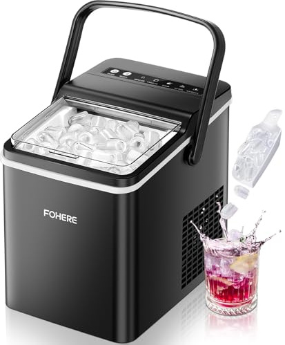 FOHERE Macchina Ghiaccio con Maniglia Portatile, 14kg/24h, 9 Cubetti Bullet in 5 Minuti, 2 Dimensioni, Autopulente, con Paletta & Cestello – Ideale per Casa Cucina Ufficio Camper Camping