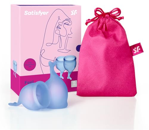 Satisfyer Feel Secure copa menstrual 2 piezas | Copas menstruales reutilizables y sostenibles, 15 y 20 ml | Fácil de limpiar y cómoda | Protección duradera silicona médica: Azul