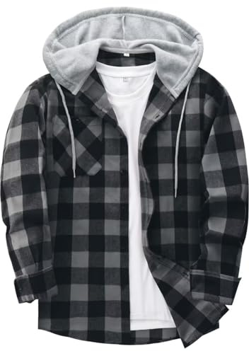 JACKETOWN Men's Hoodies Long Sleeve Casual Plaid Flannel Shirt Mens Jackets Top Button Down Shirts for Men Cotton Lumberjack Regular Fit Gray