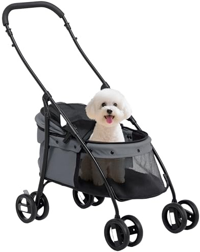 PawHut Carrito para Perros Plegable Cochecito para Mascotas Cochecito para Perros Pequeños con Ventanas de Malla Cojín Lavable Correas de Seguridad y Marco de Acero Carga 10 kg Gris