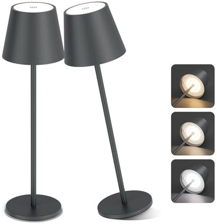 Aipsun 2 Stück Dimmbare LED akku Tischleuchte, 6000mAh, Tischlampe Kabellos, Warmweiß(2700k-6000k), IP54, Outdoor Tischlampe für Restaurant, Schlafzimmer, Bar(Anthrazit)