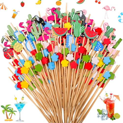 Teokantz 200x Cocktailspieße 12cm Cocktail Sticks Zahnstocher aus Holz mit Tropischen Motiven, Cocktaildeko für Cocktail Gläser Grillgut Obst Fingerfood Antipasti Getränke Kuchen Häppchenn