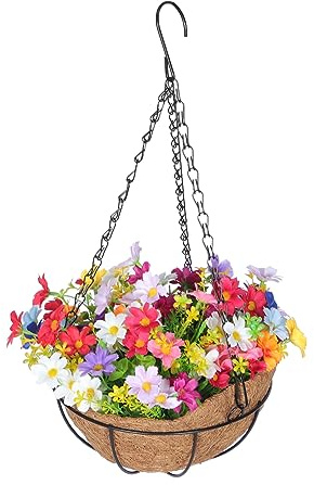 FONDOTIN Artificial Flower Hanging Basket Iron Frame for Winter and Outdoor Garden Decoration Featuring Realistic Faux Plants and Easy Hanging Design