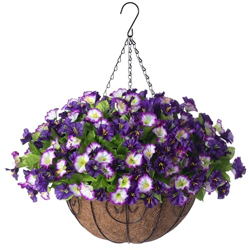 Ammyoo Artificial Hanging Flowers 12 inch Basket, Faux Silk Petunias Flower Arrangement,Coconut Lining Pot Planter with Morning Glories Patio Garden Porch Deck Spring Summer Decor(Purple Edge)