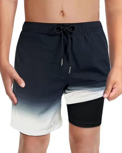 LUCOWEE Boys Swim Trunks Compression Liner Anti Chafe Swimming Shorts Bathing Lakewear Sandless Stretchy Adjustable Drawstring Quick Dry UPF 50+ Shorts Black Ombre Size 14 16
