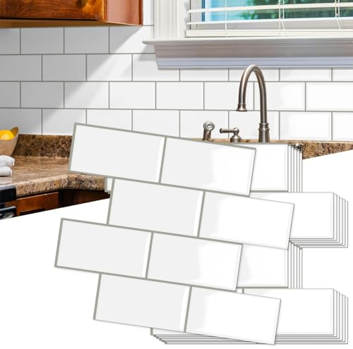 10-Piezas 3D Metro Adhesivo Grueso Azulejos Adhesivos Cocina | Autoadhesivos Vinilo Baldosas Azulejos Adhesivos, Baldosa Cuarto de baño Pared (Gris y Blanco,32 x 26.9CM)