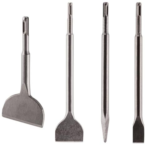 4 Pack - SDS Plus Chisel Bit Set. Moil Point, 20mm Wide, 50mm Wide & 75mm Angled Tile Chisel Bit for Use On Bricks, Concrete, Masonry, Mortar, Marble, Tiles and Hard Stone. for SDS & SDS Plus Drills.