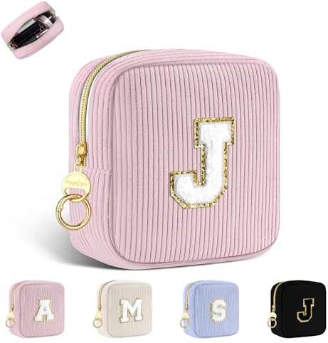 Petit Trousse Personnalisable Pochette Maquillage Femme Mini Trousse de Toilette Fille avec Initiale Sac de Cosmétiques en Velours Côtelé Personnalisée Cadeau Anniversaire Noël Filles Maman(Rose-J)