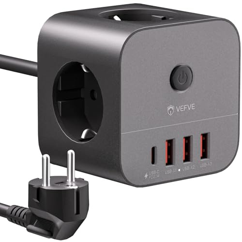VEFVE Steckdosenwürfel 3m Kabel mit 20W USB C Schnellladung Schwarz | Kompakter Mehrfachstecker 3680W für Zuhause und Büro. 3 Steckdosen, 4 USB. Mit praktischem Schalter und Kindersicherung