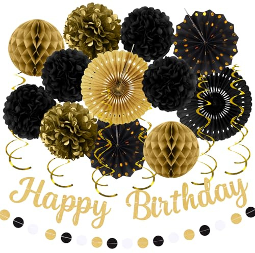 Recosis Decorazioni di compleanno, decorazioni per feste in oro nero per uomini e donne, 20 pompon di carta, stelle filanti, lanterne, ghirlande, striscioni di buon compleanno per feste di compleanno