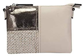 Damen 2xFach Abend Tasche Clutch Pochette Unterarmtasche Handtasche Schultertasche Umhängetasche Leder Optik Silbern Beige