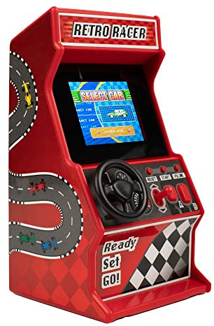 Mini Arcade Racing Machine: Handheld Console with 30 Pre-loaded 8-Bit Games, 2.4 LCD Screen, Steering Wheel, Gear Stick, Control Buttons, Games Console by Thumbs Up!