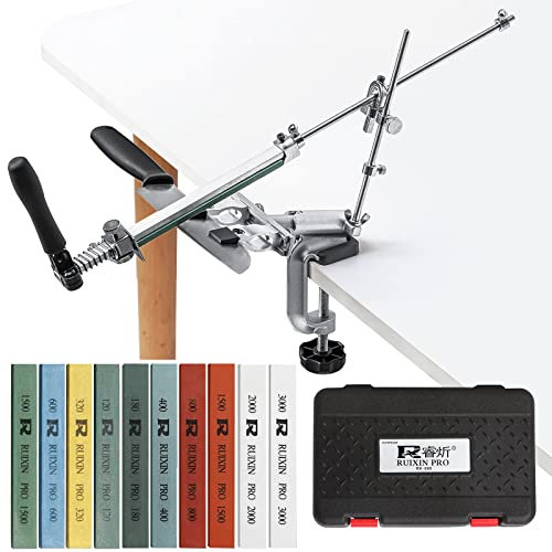 RUIXIN PRO RX-009 - Affilacoltelli professionale con 10 pietre per affilare, rotazione a 360°, design a rotazione in acciaio inox ad angolo fisso, kit per affilare coltelli da cucina e sistema