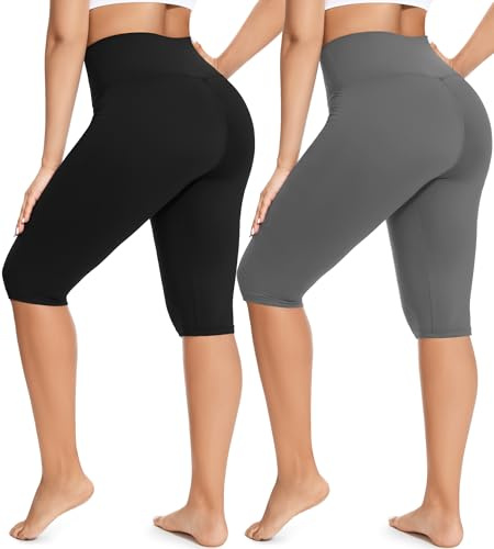 FULLSOFT Knälånga damleggings med hög midja, capri, cykelshorts, träning, fritid, sommar, yogaleggings, 2-pack-svart/grå, L/XL