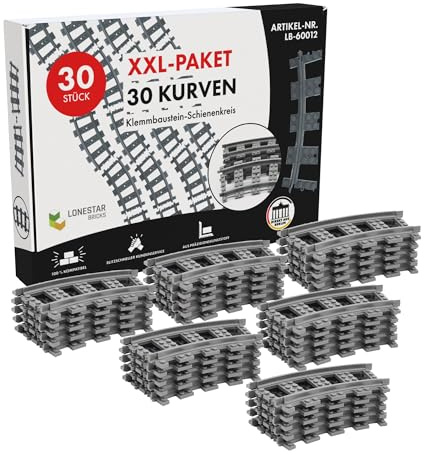 LONESTAR Klemmbausteine, XXL Pack, 30 Kurven, Bausteine Schienen Set City, Erweiterung für Zuglandschaften, graue Schienen, kompatibel mit Klemmbausteinen, langlebiger Kunststoff, Erweiterungspaket