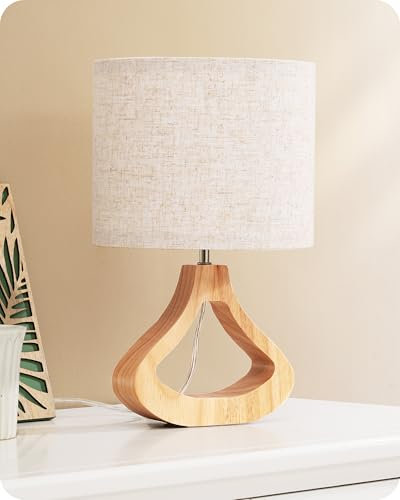 EDISHINE Lampe de Chevet avec Abat-jour en Lin & Base en Bois Massif de Teinte Chêne Clair, E27 4W Ampoule LED Incluse, 2700K Blanc Chaud, H34 cm, Ø21 cm, Lampe de Table Moderne pour Salon, Chambre