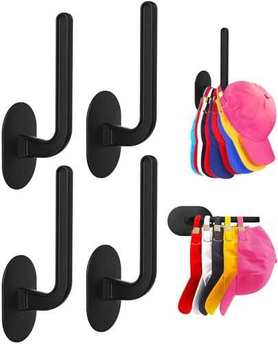 Eiito Hat Hooks for Caps Storage-4Pack,Multi-Purpose Hat Organizer,Strong Adhesive Hat Racks for Wall, Two Mounting Options RV Organization and Storage Cap Hanger(Black)