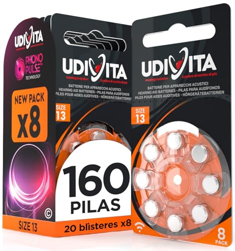 160 Batterien für Hörgeräte Udivita Größe 13 PR48 (Orange) Zink-Luft Hearing Evolution mit Phono Pulse Technologie - 20 Blister mit 8 Batterien