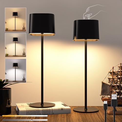 2 Stück LED Tischlampe Kabellos Akku Touch Stufenlos Dimmbar Tragbare Lampe Mit USB-C Aufladbar 5600mAh Wiederaufladbar Batterien Nachttischlampe, Innen/Außen