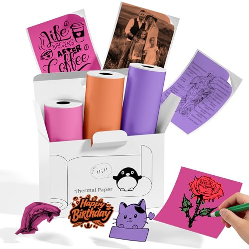Memoking Lot de 3 rouleaux de papier autocollant T02/M02L/Q02E/M02/M02X – Violet/rouge rose/orange, T02 Recharge de papier autocollant pour imprimante–50 mm x 3,5 m, Durée de vie 20 ans – Pour notes